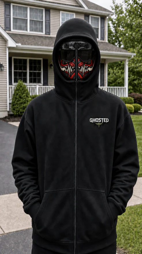 GHOSTED full-zip hoodie styled with a red oni mask