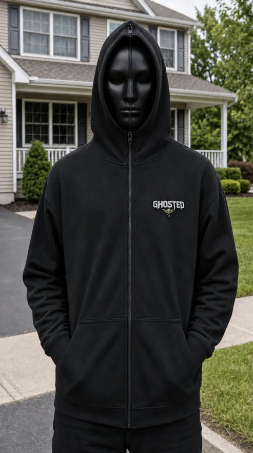 GHOSTED full-zip hoodie styled with a skull mask